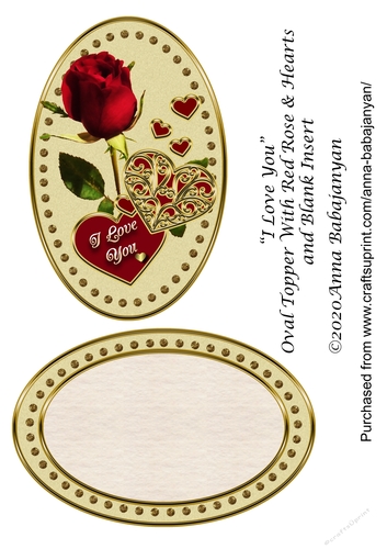 I Love You Oval Topper With Red Rose & Hearts and Blank Insert