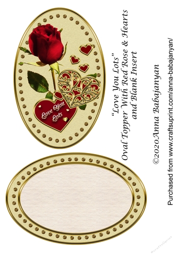 Love You Lots Oval Topper With Red Rose & Hearts and Blank Insert