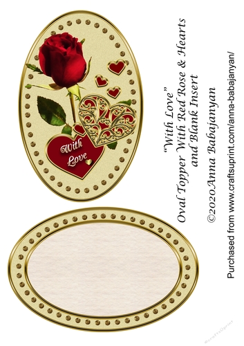 With Love Oval Topper With Red Rose & Hearts and Blank Insert