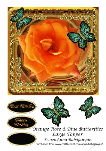 Orange Rose & Blue Butterflies Large Topper