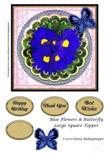 Blue Flowers & Butterfly Large Square Topper