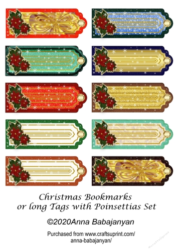Christmas Bookmarks or Long Tags with Poinsettias Set