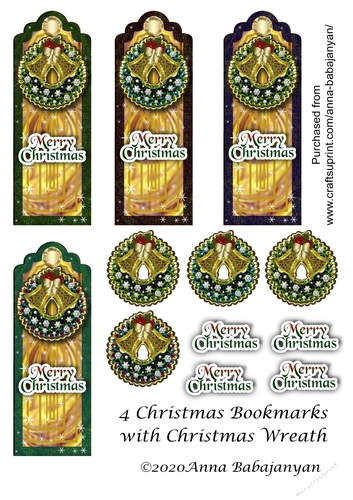 4 Christmas Bookmarks with Christmas Wreath