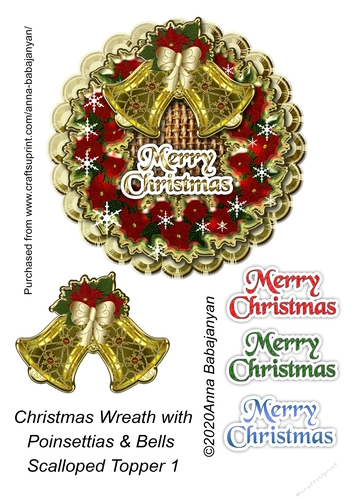 Christmas Wreath with Poinsettias & Bells Scalloped Topper 1