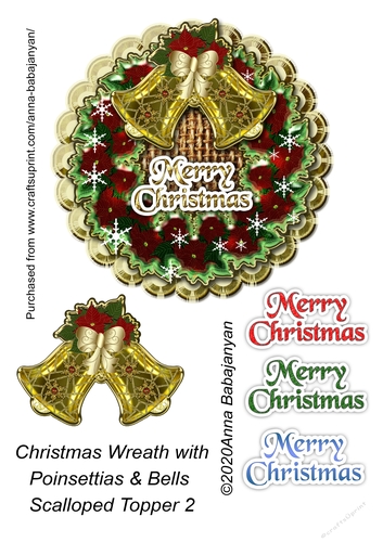 Christmas Wreath with Poinsettias & Bells Scalloped Topper 2