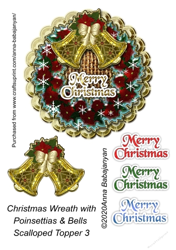 Christmas Wreath with Poinsettias & Bells Scalloped Topper 3