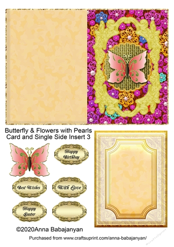 Butterfly & Flowers with Pearls Card and Single Side Insert 3