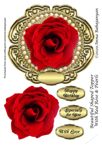 Beautiful Shaped Topper With Red Rose & Pearls