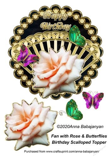 Fan with Rose & Butterflies Birthday Scalloped Topper