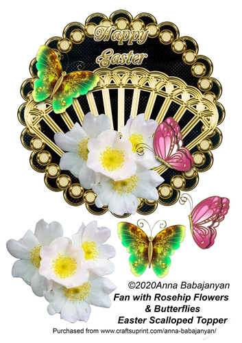 Fan with Rosehip Flowers & Butterflies Easter Scalloped Topper