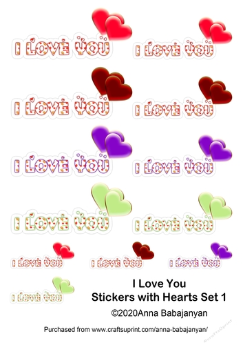 I Love You Stickers with Hearts Set 1