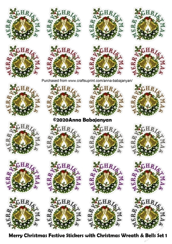 Merry Christmas Festive Stickers with Christmas Wreath & Bells Set 1