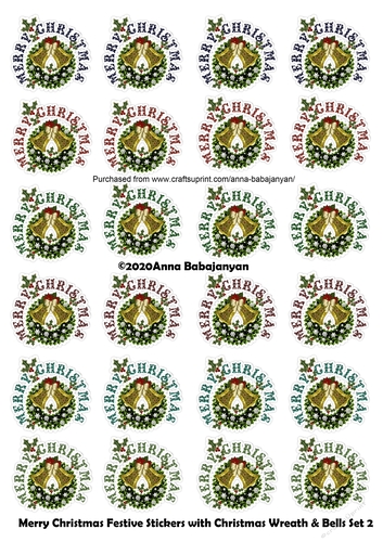 Merry Christmas Festive Stickers with Christmas Wreath & Bells Set 2