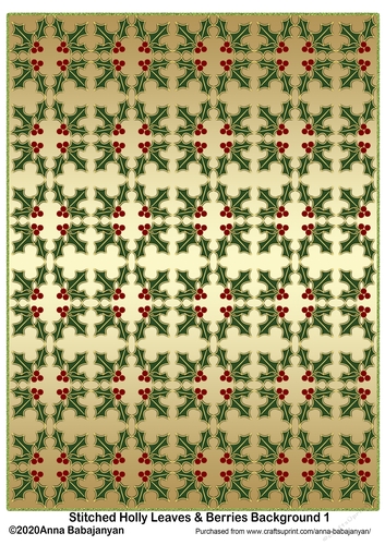 Stitched Holly Leaves & Berries Background 1