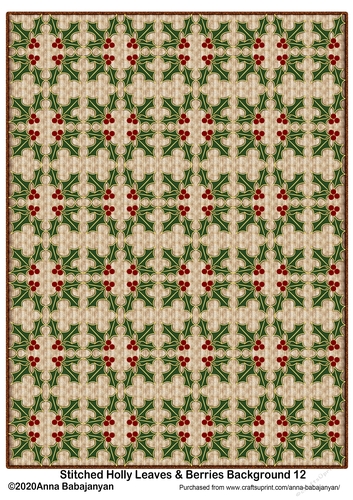 Stitched Holly Leaves & Berries Background 12