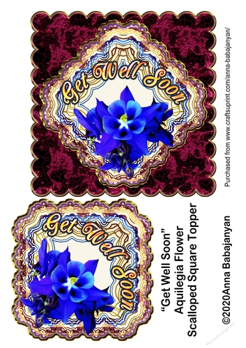 Get Well Soon Aquilegia Flower Scalloped Square Topper