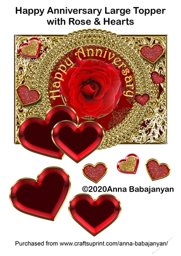 Happy Anniversary Large Topper with Rose & Hearts