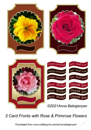 3 Card Fronts with Rose & Primrose Flowers