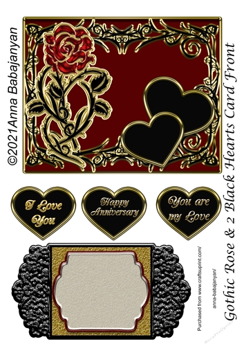 Gothic Rose & 2 Black Hearts Card Front