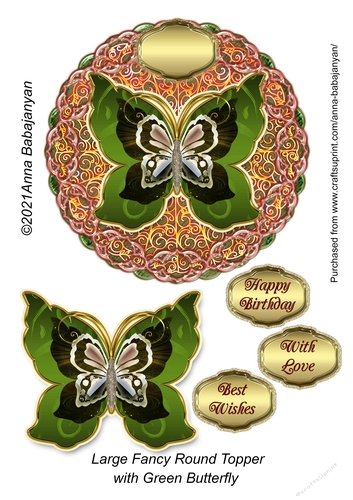 Large Fancy Round Topper with Green Butterfly