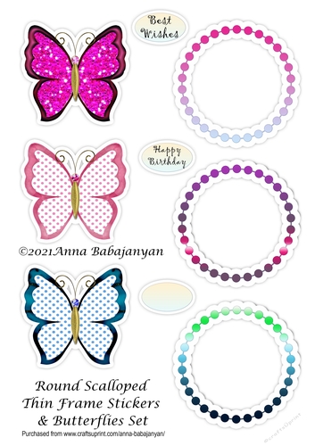 Round Scalloped Thin Frame Stickers & Butterflies Set