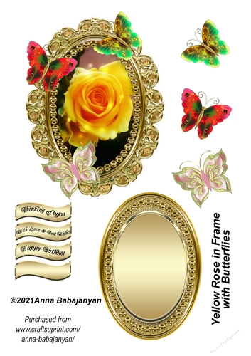 Yellow Rose in Frame with Butterflies