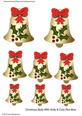 Christmas Bells with Holly & Cute Red Bow
