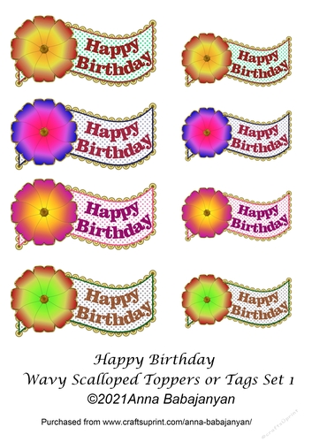 Happy Birthday Wavy Scalloped Toppers or Tags Set 1