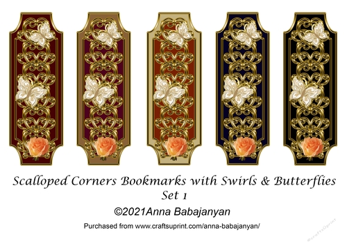 Scalloped Corners Bookmarks with Swirls & Butterflies Set 1