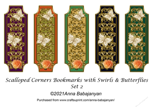 Scalloped Corners Bookmarks with Swirls & Butterflies Set 2