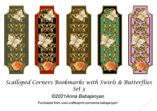 Scalloped Corners Bookmarks with Swirls & Butterflies Set 3