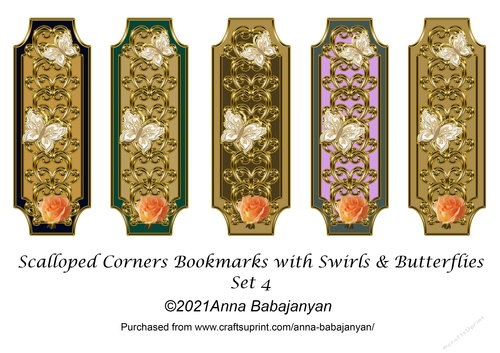 Scalloped Corners Bookmarks with Swirls & Butterflies Set 4