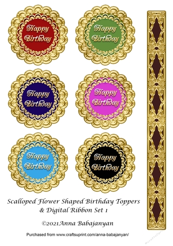 Scalloped Flower Shaped Birthday Toppers & Digital Ribbon Set 1