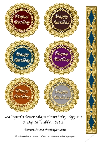 Scalloped Flower Shaped Birthday Toppers & Digital Ribbon Set 2