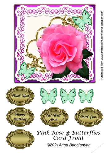 Pink Rose & Butterflies Card Front