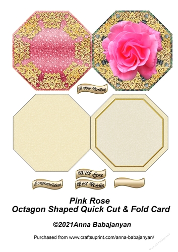 Pink Rose Octagon Shaped Quick Cut & Fold Card