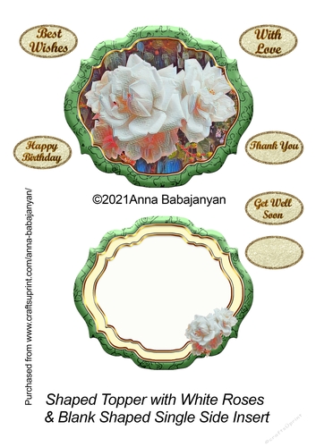 Shaped Topper with White Roses & Blank Shaped Single Side Insert