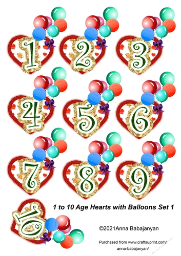 1 to 10 Age Hearts with Balloons Set 1