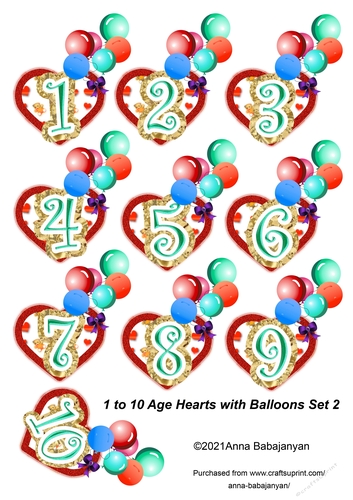 1 to 10 Age Hearts with Balloons Set 2