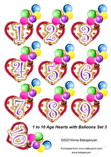 1 to 10 Age Hearts with Balloons Set 3