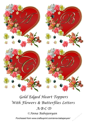 Gold Edged Heart Toppers With Flowers & Butterflies Letters A-B-C-D