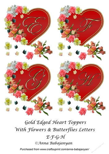 Gold Edged Heart Toppers With Flowers & Butterflies Letters E-F-G-H