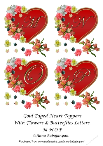 Gold Edged Heart Toppers With Flowers & Butterflies Letters M-N-O-P