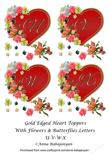 Gold Edged Heart Toppers With Flowers & Butterflies Letters U-V-W-X