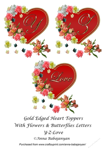 Gold Edged Heart Toppers With Flowers & Butterflies Letters Y-Z-Love