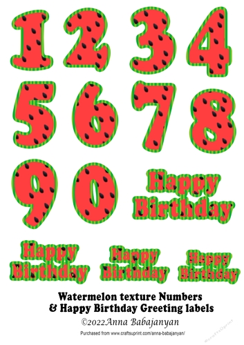 Watermelon texture Numbers & Happy Birthday Greeting labels