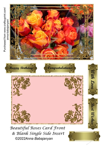 Beautiful Roses Card Front & Blank Single Side Insert