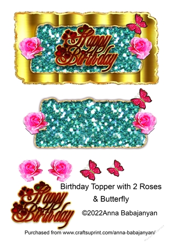 Birthday Topper with 2 Roses & Butterfly