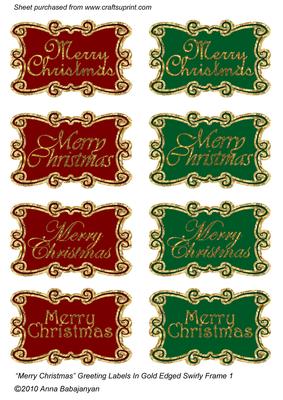 Merry Christmas Greeting Labels in Gold Edged Swirly Frame1
