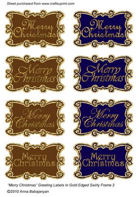 Merry Christmas Greeting Labels in Gold Edged Swirly Frame 2